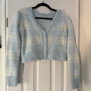 SO Women's Light Blue and Cream Plaid Cardigan